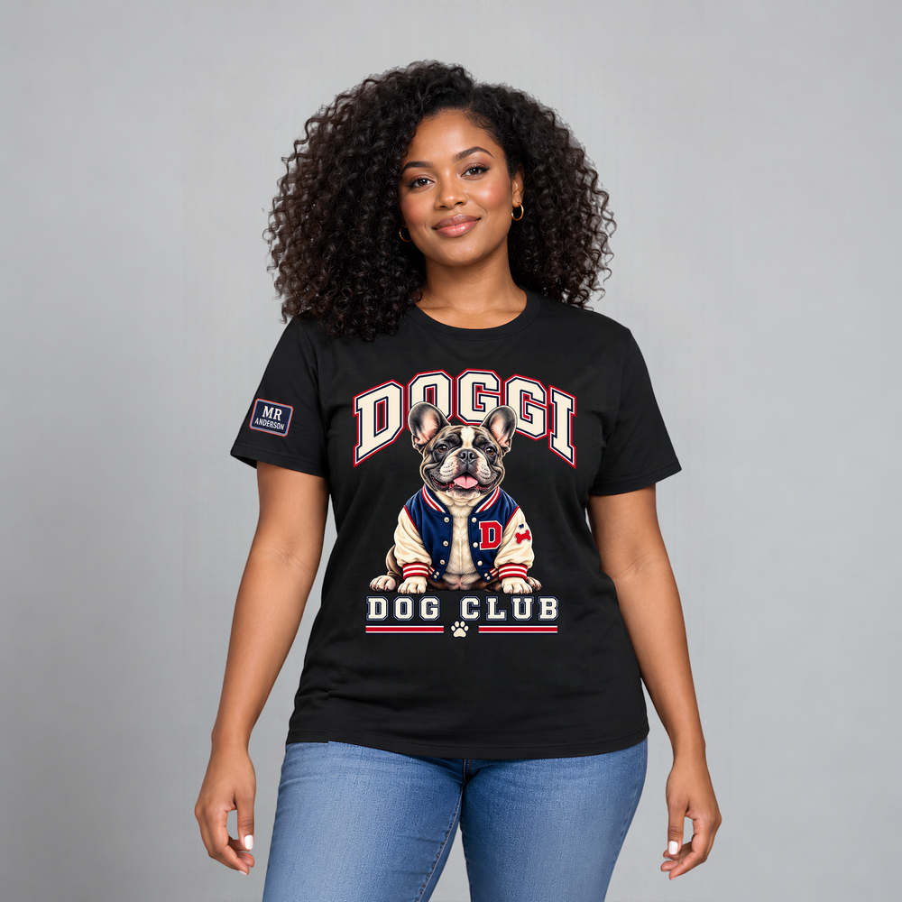 DOGGI™ Women’s French Bulldog Varsity T-Shirt – Black