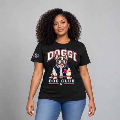 DOGGI™ Women’s French Bulldog Varsity T-Shirt – Black