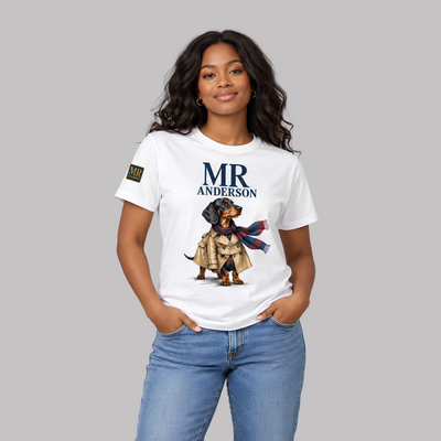 MR ANDERSON™ Women’s Dachshund Trench Coat T-Shirt – White