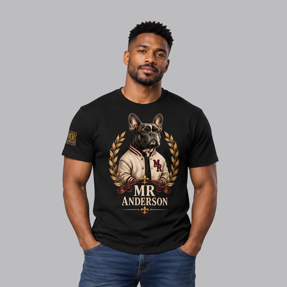 MR ANDERSON™ Men’s French Bulldog Varsity T-Shirt – Black