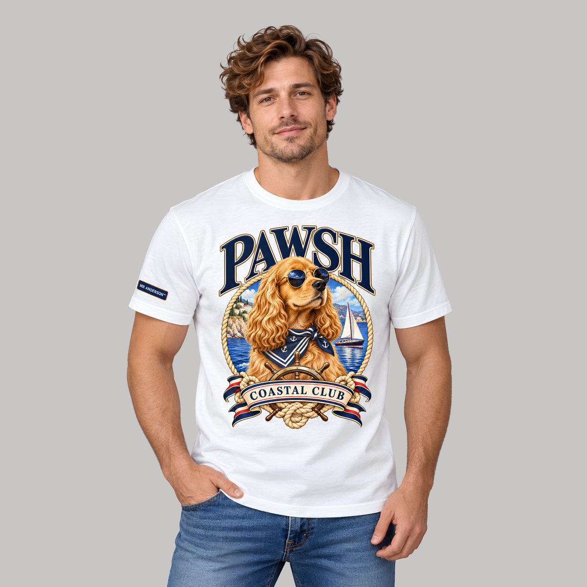 PAWSH Men’s Coastal Club Cocker Spaniel T-Shirt – White